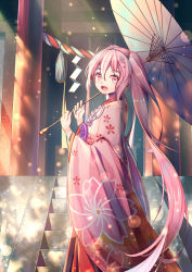 Rule 34 | 1girl, from side, hair between eyes, hatsune miku, japanese clothes, kimono, long hair, looking at viewer, oil-paper umbrella, open mouth, outdoors, pink eyes, pink hair, rope, sakura miku, shide, shimenawa, shrine, solo, stairs, torii, twintails, umbrella, very long hair, vocaloid, xiaosan ye