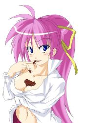 Rule 34 | 00s, 1girl, between breasts, blue eyes, blush, boshinote, breasts, chocolate, chocolate on body, chocolate on breasts, cleavage, food on body, licking, long hair, looking at viewer, lowres, lyrical nanoha, mahou shoujo lyrical nanoha, mahou shoujo lyrical nanoha a&#039;s, navel, pink hair, ponytail, signum, simple background, solo, very long hair, white background