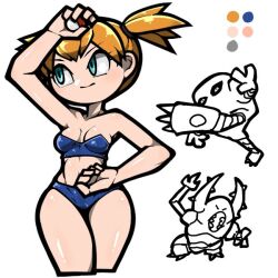 Rule 34 | 1girl, abs, armpits, asymmetrical hair, bare shoulders, bikini, blue eyes, bra, breasts, cleavage, closed mouth, collarbone, cowboy shot, creatures (company), eyebrows, female focus, frown, game freak, gen 1 pokemon, gym leader, hitmonlee, legs, looking at viewer, medium breasts, midriff, misty (pokemon), muscular, muscular female, name omoitukan2, navel, nintendo, obliques, orange hair, pinsir, pokemon, pokemon rgby, ponytail, short hair, short shorts, shorts, side ponytail, simple background, solo, standing, strapless, swimsuit, thick thighs, thighs, underwear, v-shaped eyebrows, white background