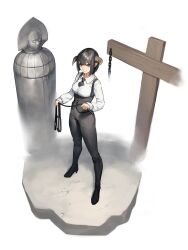 Rule 34 | 1girl, beeeeen, black hair, black necktie, black pants, black vest, breasts, chain, closed mouth, copyright request, cross, from above, full body, high heels, highres, holding, holding whip, horns, iron maiden, long sleeves, looking at viewer, medium breasts, necktie, pants, pointy ears, red eyes, shirt, short hair, short necktie, solo, standing, suspenders, underbust, vest, white shirt