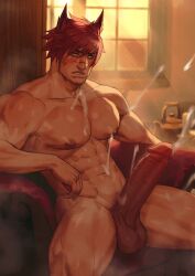 Rule 34 | 1boy, abs, absurdres, animal ears, bara, bulge, cat ears, closed mouth, completely nude, cum, dreamplpe, ejaculation, erection, facial hair, highres, indoors, large pectorals, league of legends, male focus, male pubic hair, muscular, muscular male, navel, nipples, nude, pectorals, penis, pubic hair, scar, scar on face, scar on nose, sett (league of legends), short hair, sitting, solo, stubble, testicles