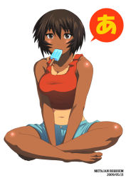 Rule 34 | 1girl, a (phrase), azumanga daiou, bare shoulders, barefoot, breasts, brown eyes, brown hair, cleavage, crossed legs, dark-skinned female, dark skin, dated, feet, food, full body, indian style, k-suwabe, kagura, kagura (azumanga daioh), large breasts, looking at viewer, midriff, mouth hold, navel, one-piece tan, popsicle, short hair, shorts, simple background, sitting, solo, tan, tank top, tanline, toes, tomboy, v arms, white background