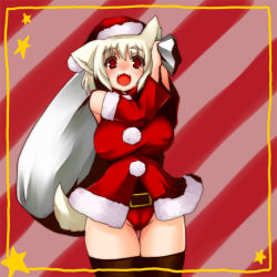 Rule 34 | 1girl, animal ears, breasts, cameltoe, christmas, detached sleeves, covered erect nipples, fang, female focus, hat, inubashiri momiji, large breasts, red eyes, revision, santa costume, santa hat, shinobe, short hair, silver hair, solo, tail, thighhighs, touhou, wolf ears, wolf tail