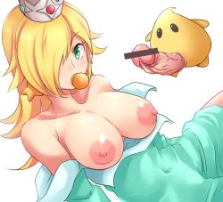 Rule 34 | 1girl, bar censor, blonde hair, breasts, breasts out, censored, clothes pull, covered navel, creature, crown, dress pull, earrings, floating, green eyes, hair over one eye, jewelry, large breasts, long hair, looking at viewer, luma (mario), mario (series), mini crown, namikawa, nintendo, nipples, pacifier, penis, rosalina, shelter, simple background, super mario bros. 1, super mario galaxy, white background