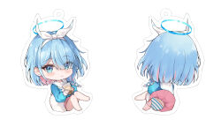 Rule 34 | 1girl, absurdres, arona (blue archive), ass, barefoot, blue archive, blue eyes, blue hair, blue halo, blush, braid, chibi, choker, closed mouth, colored inner hair, drink, drinking straw, eyes visible through hair, hair over one eye, halo, highres, holding, holding drink, long sleeves, looking at viewer, multicolored hair, multiple views, panties, pink hair, pleated skirt, sailor collar, short hair, simple background, single braid, skirt, smile, striped clothes, striped panties, underwear, white background, white choker, white sailor collar, white skirt, zi yue liuli