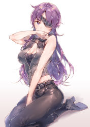 Rule 34 | 1girl, bare shoulders, black footwear, black pants, blush, boots, breasts, cleavage, cleavage cutout, clothing cutout, covering own mouth, dsmile, eyepatch, knee boots, long hair, mirai nikki, navel, pants, purple eyes, purple hair, seiza, shiny clothes, shirt, simple background, sitting, sleeveless, sleeveless shirt, solo, tank top, uryuu minene, very long hair, white background