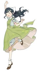 Rule 34 | 1girl, arm up, back bow, black hair, bloomers, bow, braid, brown footwear, closed eyes, copyright request, dress, full body, green dress, head scarf, iovebly, long hair, mary janes, open mouth, shirt, shoes, short sleeves, single braid, smile, socks, solo, underwear, white headwear, white shirt, white socks