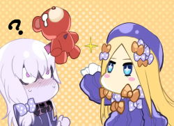 Rule 34 | + +, 2girls, ?, abigail williams (fate), blonde hair, blue eyes, blush, bow, chibi, constricted pupils, dos (james30226), dress, fate/grand order, fate (series), hair bow, hands in opposite sleeves, hat, horns, impaled, jpeg artifacts, lavinia whateley (fate), long hair, multiple girls, no mouth, no nose, nose blush, orange background, orange bow, polka dot, polka dot background, polka dot bow, purple eyes, silver hair, single horn, sparkle, stuffed animal, stuffed toy, tears, teddy bear, very long hair