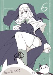 Rule 34 | 1girl, 1other, bow, bowtie, breasts, dress, earrings, engage kiss, garter straps, habit, hair between eyes, jewelry, large breasts, long hair, long sleeves, looking at viewer, necklace, nun, official art, panda kabe, sharon holygrail, smile, stepped on, thighhighs, thighs