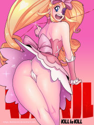 Rule 34 | 10s, 1girl, ass, bad deviantart id, bad id, big hair, blonde hair, blue eyes, bow, cameltoe, cleft of venus, darkereve, dress, drill hair, earrings, eyepatch, hair bow, harime nui, highres, jewelry, kill la kill, life fiber, long hair, looking back, panties, pink bow, smile, solo, strapless, strapless dress, twin drills, twintails, underwear, upskirt, wrist cuffs