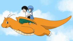 Rule 34 | 1boy, 1girl, 1other, animated, animated gif, artist request, ayanami rei, black hair, blue sky, claws, cloud, cloudy sky, creatures (company), crossover, dragon, dragon tail, dragon wings, dragonite, flying, full body, game freak, gen 1 pokemon, hair between eyes, happy, ikari shinji, looking at another, neon genesis evangelion, nintendo, open mouth, pokemon, pokemon (creature), red eyes, red ribbon, ribbon, riding, riding pokemon, school uniform, shoes, short hair, sitting, sitting on person, skirt, sky, smile, sneakers, socks, suspender skirt, suspenders, tail, tokyo-3 middle school uniform, wings