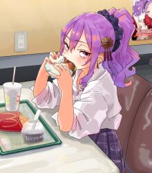 Rule 34 | 1girl, burger, collared shirt, cup, dress shirt, earrings, eating, fate/grand order, fate (series), food, french fries, hair between eyes, hair ornament, hair scrunchie, highres, jewelry, long hair, looking at viewer, niwaikanai, ponytail, purple eyes, purple hair, purple skirt, scrunchie, shirt, sidelocks, skirt, sleeves rolled up, solo, table, tassel, tassel earrings, white shirt, wu zetian (fate)