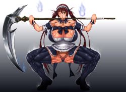Rule 34 | 00s, airi (queen&#039;s blade), breasts, extreme muscles, maid, muscular, queen&#039;s blade, scythe, spread legs, thighhighs, witch
