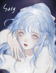 Rule 34 | 1girl, absurdres, animification, blue background, blue eyes, blue hair, character name, chinese commentary, dated, diamond (shape), girls planet 999, hair behind ear, hair ribbon, hand on own chest, highres, kaijia yongshi yan long xia, long hair, looking at viewer, parted lips, portrait, real life, ribbon, shirt, slit pupils, solo, su ruiqi, white ribbon, white shirt