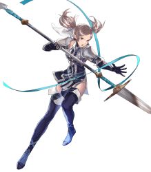 Rule 34 | 1girl, armor, boots, breastplate, brown eyes, brown hair, cynthia (fire emblem), dress, fire emblem, fire emblem awakening, fire emblem heroes, full body, garter straps, highres, holding, holding weapon, long hair, nintendo, official art, open mouth, polearm, short dress, shoulder armor, smile, solo, spear, thigh boots, thighhighs, transparent background, twintails, weapon