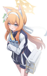 Rule 34 | 1girl, absurdres, animal ear fluff, animal ears, bag, blue archive, blue eyes, blush, bottle, commentary, flower, gym uniform, hair flower, hair ornament, hairband, halo, highres, holding, holding bottle, id card, jacket, long hair, long sleeves, looking at viewer, mari (blue archive), mari (track) (blue archive), official alternate costume, open mouth, orange hair, shorts, shoulder bag, simple background, solo, standing, track jacket, water bottle, white background, white hairband, yako mashiro