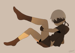 Rule 34 | 1boy, 9s (nier:automata), artist name, blindfold, full body, gloves, male focus, nier, nier:automata, nier (series), no shoes, noeyebrow (mauve), shorts, simple background, socks, solo, stretching