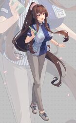 Rule 34 | 1girl, alternate costume, artist name, asymmetrical shirt, blue shirt, brown eyes, brown hair, cross-laced footwear, drink, full body, grey footwear, hair intakes, highres, himeyamato, holding, holding drink, id card, kantai collection, lawson, legs, long hair, looking ahead, no pants, open mouth, ponytail, ramune, shirt, short sleeves, smile, solo, standing, thighs, very long hair, watch, wristwatch, yamato (kancolle)