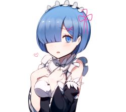 Rule 34 | 10s, 1girl, blunt bangs, blush, detached collar, detached sleeves, frills, hair ornament, hair over one eye, hair ribbon, hands on own chest, hands up, heart, hona (pixiv7939518), looking at viewer, maid, maid headdress, parted lips, pink ribbon, re:zero kara hajimeru isekai seikatsu, rem (re:zero), ribbon, short hair, simple background, solo, upper body, white background, x hair ornament