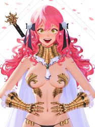 Rule 34 | 1girl, :d, absurdres, black panties, breasts, commentary, english commentary, flat chest, freckles, gauntlets, hair ornament, hands on own hips, highres, long hair, looking at viewer, navel, open mouth, original, panties, pink hair, revealing clothes, smile, solo, symbol-shaped pupils, teeth, underwear, wonbin lee, yellow eyes