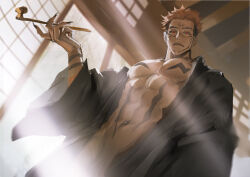 Rule 34 | 1boy, abs, bare pectorals, black nails, feet out of frame, from below, highres, indoors, jujutsu kaisen, light frown, looking at viewer, male focus, muscular, muscular male, nail polish, pectorals, pink hair, red eyes, ryoumen sukuna (jujutsu kaisen), tattoo, thick eyebrows, woshihedawei