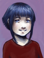Rule 34 | 1girl, artist request, blue eyes, blue hair, blunt bangs, female focus, grin, hyuuga hinata, looking at viewer, matching hair/eyes, naruto, naruto (series), no pupils, portrait, purple background, red shirt, shirt, short hair, short hair with long locks, simple background, smile, solo
