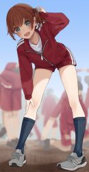 Rule 34 | 1girl, absurdres, black socks, blue sky, blurry, blurry background, blush, brown hair, commentary request, day, full body, grey eyes, grey footwear, gym shorts, hand on own knee, highres, jacket, kneehighs, kopaka (karda nui), long hair, long sleeves, looking at viewer, multiple others, open mouth, original, red jacket, red shorts, ribbed socks, shirt, shorts, side ponytail, sky, socks, solo focus, track jacket, white shirt