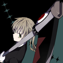 Rule 34 | 1girl, absurdres, black background, blouse, brown hair, closed mouth, collared shirt, commentary request, gloves, green eyes, highres, looking at viewer, maka albarn, scythe, shirt, simple background, soul eater, soul evans, twintails, white shirt