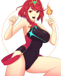 Rule 34 | 1girl, :d, absurdres, black one-piece swimsuit, bob cut, breasts, competition swimsuit, fingernails, fire, highres, looking at viewer, medium hair, one-piece swimsuit, open mouth, pyra (pro swimmer) (xenoblade), pyra (xenoblade), red eyes, red hair, smile, solo, swimsuit, tiara, truejekart, white background, xenoblade chronicles (series), xenoblade chronicles 2
