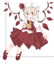 Rule 34 | 1girl, adapted costume, ascot, collared shirt, crystal, fang, flandre scarlet, frilled sleeves, frills, full body, hat, hat ribbon, highres, mary janes, mob cap, nacht musik, open mouth, puffy short sleeves, puffy sleeves, red footwear, red ribbon, red skirt, red vest, ribbon, ribbon-trimmed headwear, ribbon-trimmed sleeves, ribbon trim, shirt, shoes, short sleeves, simple background, skirt, skirt set, solo, touhou, vest, white background, white hat, white shirt, wings, yellow ascot
