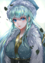 Rule 34 | 1girl, aqua hair, aqua kimono, blue eyes, blunt bangs, breasts, earrings, fur-trimmed headwear, fur (clothing), fur trim, hat, highres, hime cut, japanese clothes, jewelry, kimono, large breasts, lilin (maplestory), long hair, looking at viewer, maplestory, pom pom (clothes), pom pom earrings, smile, solo, upper body, vardan, white background