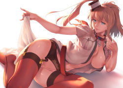 Rule 34 | 1girl, anchor, arms up, bandana, belt, blue eyes, blush, breast pocket, breasts, breasts out, brown hair, closed mouth, clothes lift, collarbone, commentary request, dress, dress lift, garter belt, garter straps, hair between eyes, hair ornament, headgear, holding, kantai collection, large breasts, lips, long hair, looking at viewer, lying, navel, nipples, no bra, no panties, on side, open clothes, pocket, ponytail, red bandana, red neckwear, red thighhighs, saratoga (kancolle), side ponytail, sidelocks, simple background, skindentation, smile, smokestack, solo, takemura sessyu, thighhighs, undressing, white background, white dress