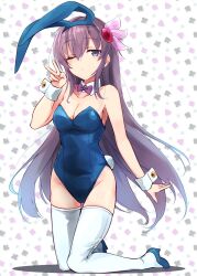 Rule 34 | 1girl, alternate costume, animal ears, blue leotard, bow, bowtie, breasts, detached collar, fake animal ears, hair ornament, highres, kantai collection, kisaragi (kancolle), leotard, long hair, looking at viewer, medium breasts, minosu, one eye closed, playboy bunny, purple bow, purple bowtie, purple eyes, purple hair, rabbit ears, rabbit tail, solo, strapless, strapless leotard, tail, thighhighs, v, white background, white thighhighs, wrist cuffs