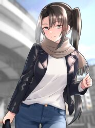Rule 34 | 1girl, alternate costume, black hair, black jacket, blue pants, blurry, blurry background, breasts, cowboy shot, day, denim, furaggu (frag 0416), grey hair, highres, jacket, jeans, kantai collection, large breasts, leather, leather jacket, long hair, long sleeves, looking at viewer, nachi (kancolle), open clothes, open jacket, outdoors, pants, side ponytail, sidelocks, solo, standing, sweater, very long hair, white sweater