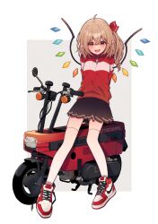 Rule 34 | 1girl, alternate costume, arms behind back, black skirt, blonde hair, breasts, crossed bangs, fang, flandre scarlet, full body, hair between eyes, head tilt, highres, honda motocompo, long sleeves, looking at viewer, medium hair, miniskirt, nike (company), nike air force 1, no headwear, one side up, open mouth, pleated skirt, pointy ears, red eyes, red footwear, red track suit, shoelaces, shoes, skirt, small breasts, sneakers, solo, thighhighs, touhou, touya (konpekitou), white thighhighs