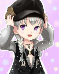 Rule 34 | 10s, 1girl, absurdres, braid, facial mark, final fantasy, final fantasy xiv, hair over shoulder, hands on headwear, hat, highres, jewelry, lalafell, long hair, necklace, open mouth, pointy ears, purple eyes, rana (rana0911), shirt, silver hair, smile, solo, twin braids, twintails, upper body, vest, warrior of light (ff14)