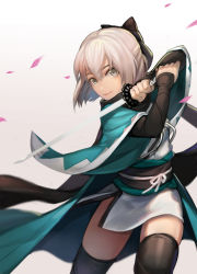 Rule 34 | 1girl, absurdres, black thighhighs, commentary request, fate/grand order, fate (series), fighting stance, grey eyes, highres, holding, katana, looking at viewer, obi, okita souji (fate), okita souji (koha-ace), petals, sash, shinsengumi, silver hair, sin (btc86amme), solo, sword, thighhighs, thighs, weapon, zettai ryouiki