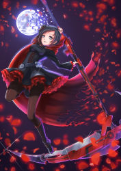 Rule 34 | 1girl, arm up, black dress, black footwear, black hair, black pantyhose, boots, cape, dress, frilled boots, frilled sleeves, frills, from below, full body, gradient hair, grey eyes, highres, holding, holding scythe, hood, hood down, hooded, knee boots, layered dress, long hair, long sleeves, moon, multicolored hair, pantyhose, parted lips, petals, purple sky, red cape, red hair, ruby rose, rwby, scythe, shattered, shiny clothes, shiny legwear, short dress, short hair, sky, smile, solo, sparkle, yoruno mahiru