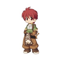 Rule 34 | 1boy, backpack, bag, boots, brown footwear, brown gloves, brown pants, chest guard, chibi, closed mouth, dagger, facial scar, full body, gloves, green shirt, hair between eyes, hands on own hips, holding, holding weapon, knife, looking at viewer, male focus, medium bangs, novice (ragnarok online), official art, pants, ragnarok online, red eyes, red hair, scabbard, scar, scar on cheek, scar on face, sheath, sheathed, shirt, short hair, simple background, smile, solo, standing, tachi-e, transparent background, weapon, yuichirou