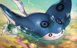 Rule 34 | akasaka jumpei, black eyes, bubble, closed mouth, creature, creatures (company), day, fish, full body, game freak, gen 2 pokemon, mantine, nintendo, no humans, official art, pokemon, pokemon (creature), pokemon tcg, remoraid, swimming, third-party source, underwater, water