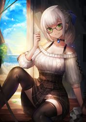 Rule 34 | 1girl, absurdres, black-framed eyewear, black choker, black skirt, black thighhighs, blue bow, bow, braid, breasts, choker, coin, commentary request, glasses, green eyes, grey hair, hair bow, hand up, high-waist skirt, highres, holding, holding coin, hololive, large breasts, looking at viewer, parted lips, plaid, plaid skirt, semi-rimless eyewear, shirogane noel, shirogane noel (casual), short hair, sitting, skirt, sleeves past elbows, smile, sweater, thighhighs, virtual youtuber, white sweater, zettai ryouiki, ziteng yue
