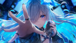 Rule 34 | 1girl, amane kanata, between breasts, black choker, blue eyes, blue jacket, blurry, blurry background, blurry foreground, bokeh, breasts, chain, chihiro ayaka, choker, closed mouth, commentary request, depth of field, fingernails, floating hair, grey hair, hair over one eye, halo, highres, holding, holding microphone, hololive, jacket, jewelry, lace, light rays, long hair, long sleeves, looking at viewer, makeup, microphone, nail polish, one eye closed, outstretched hand, reaching, reaching towards viewer, ring, small breasts, solo, splatter print, star halo, straight-on, strap, strap between breasts, upper body, virtual youtuber