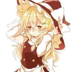 Rule 34 | 1girl, blonde hair, blush, bow, closed mouth, embarrassed, full-face blush, hair ornament, hairclip, hands on headwear, hat, hat bow, kirisame marisa, long sleeves, nervous, paragasu (parags112), solo, star (symbol), star hair ornament, touhou, vest, white background, white bow, witch hat, yellow eyes