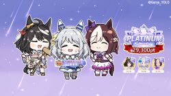 Rule 34 | 3girls, ahoge, animal ears, black hair, blush stickers, bodice, bow, braid, brown hair, chibi, closed eyes, commentary request, cropped jacket, ear bow, ear covers, french braid, gabeu (miracle t), grey hair, grey pantyhose, highres, hishi miracle (umamusume), holding, holding mallet, horse ears, horse girl, horse tail, japanese clothes, kine, kitasan black (umamusume), light brown hair, mallet, medium hair, multicolored hair, multiple girls, neck ribbon, official alternate costume, origami, outline, pantyhose, paper crane, purple bow, purple ribbon, ribbon, ribbon-trimmed sleeves, ribbon trim, shooting star, short hair, special week (umamusume), streaked hair, sweatdrop, tail, thighhighs, translation request, twitter username, two-tone hair, umamusume, v, white thighhighs, wide sleeves