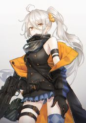 Rule 34 | 1girl, absurdres, bare shoulders, belt, black gloves, blue thighhighs, breasts, buttons, double-breasted, girls&#039; frontline, gloves, goggles, goggles around neck, gun, hair between eyes, highres, holding, holding gun, holding weapon, huge filesize, jacket, knife, kunoki toki, long hair, off shoulder, parted lips, pkp (girls&#039; frontline), pleated skirt, sheath, sheathed, side ponytail, silver hair, single thighhigh, skirt, small breasts, solo, thigh strap, thighhighs, very long hair, weapon, yellow eyes