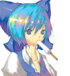 Rule 34 | 1girl, bad id, bad pixiv id, blue dress, blue eyes, blue hair, chomoran, cirno, collarbone, dress, embodiment of scarlet devil, female focus, food, looking at viewer, matching hair/eyes, mouth hold, popsicle, short hair, simple background, solo, touhou, upper body, white background