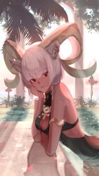 Rule 34 | 1girl, animal ears, aoi tooru, arknights, arm support, backlighting, bare shoulders, bathing, black one-piece swimsuit, breasts, carnelian (arknights), carnelian (shimmering dew) (arknights), casual one-piece swimsuit, cleavage, closed mouth, day, goat ears, goat girl, goat horns, grey hair, hand on own cheek, hand on own face, highres, horns, jewelry, leaning forward, looking at viewer, medium breasts, necklace, official alternate costume, one-piece swimsuit, partially submerged, petals, red eyes, short hair, smile, solo, sunlight, swimsuit, water