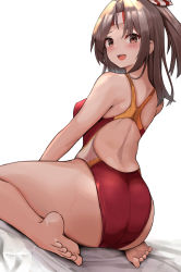 Rule 34 | 1girl, ass, bare arms, bare legs, bare shoulders, barefoot, blush, breasts, brown eyes, competition swimsuit, hachimaki, headband, high ponytail, highres, kantai collection, kihou no gotoku dmc, light brown hair, long hair, one-piece swimsuit, open mouth, red one-piece swimsuit, signature, simple background, small breasts, smile, solo, swimsuit, white background, zuihou (kancolle)