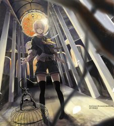 Rule 34 | 10s, 1boy, 2012, aocean, bandage over one eye, black thighhighs, blonde hair, dated, eyepatch, hair over one eye, indoors, lens flare, looking at viewer, male focus, oliver (vocaloid), short hair, shorts, smile, solo, thighhighs, vocaloid, yellow eyes
