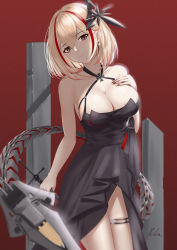 Rule 34 | 1girl, absurdres, azur lane, bare arms, bare shoulders, black dress, blonde hair, blush, breasts, brown eyes, cleavage, closed mouth, dress, hair ornament, hand on own chest, highres, ichikushi mojibake, large breasts, looking at viewer, mechanical tail, multicolored hair, official alternate costume, red background, red hair, roon (azur lane), roon (dark red grin) (azur lane), short hair, solo, streaked hair, tail, thighs